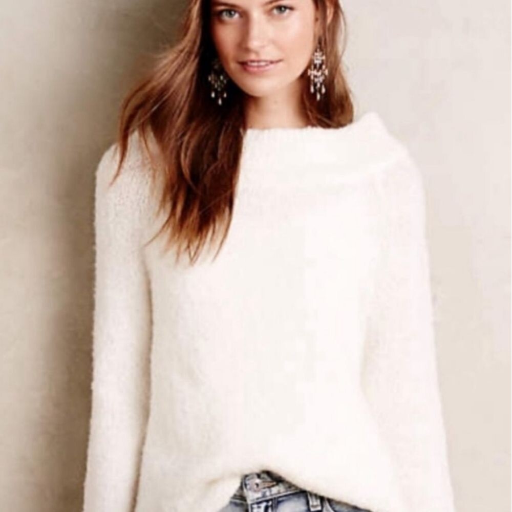 Anthropologie Moth Cream Mock Neck Fuzzy Knit Sweater Size Large